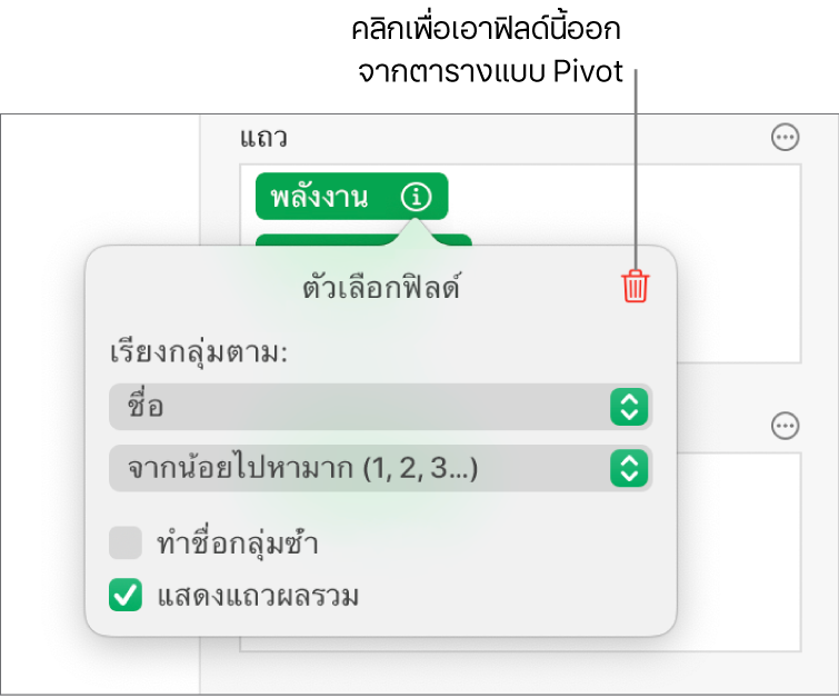 เมนูตัวเลือกฟิลด์ ที่แสดงตัวควบคุมสำหรับการจัดกลุ่มและการเรียงข้อมูล รวมถึงตัวเลือกในการเอาฟิลด์ออก