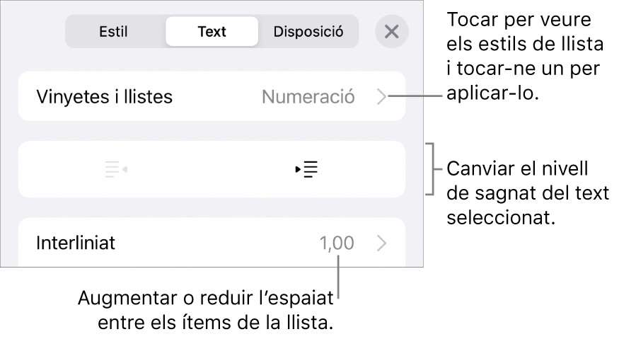 La secció “Vinyetes i llistes” dels controls de Format amb llegendes de “Vinyetes i llistes”, botons de sagnat i de sagnat esquerre, i controls d’interlineat.