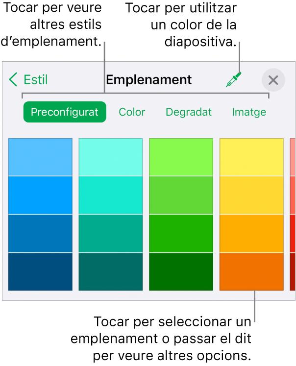 Opcions d’emplenament de la pestanya Estil del botó Format.