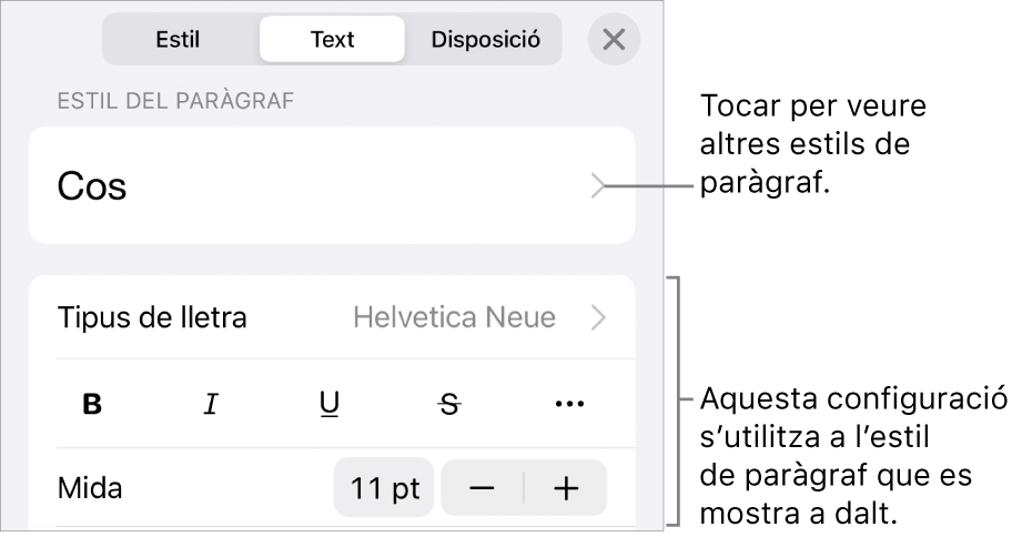 El menú Format amb els controls de text per definir els estils de paràgraf i de caràcter, el tipus de lletra, la mida i el color.