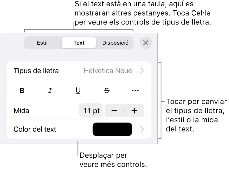 Controls de text al menú Format per definir els estils de paràgraf i de caràcter, el tipus de lletra, la mida i el color.