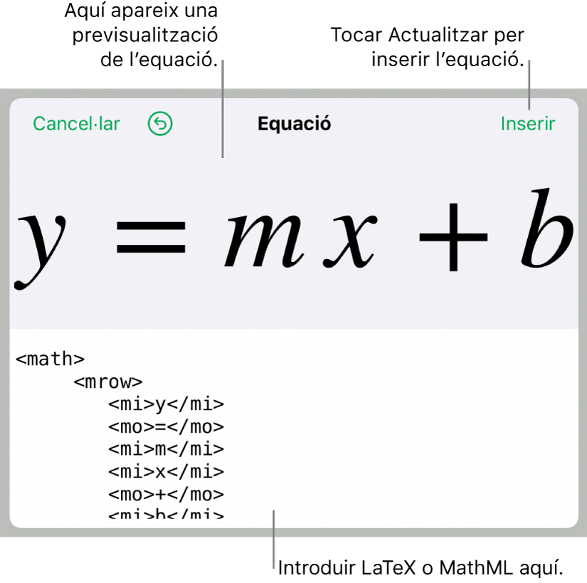 Codi MathML de l’equació del pendent d’una línia i una previsualització de la fórmula al damunt.