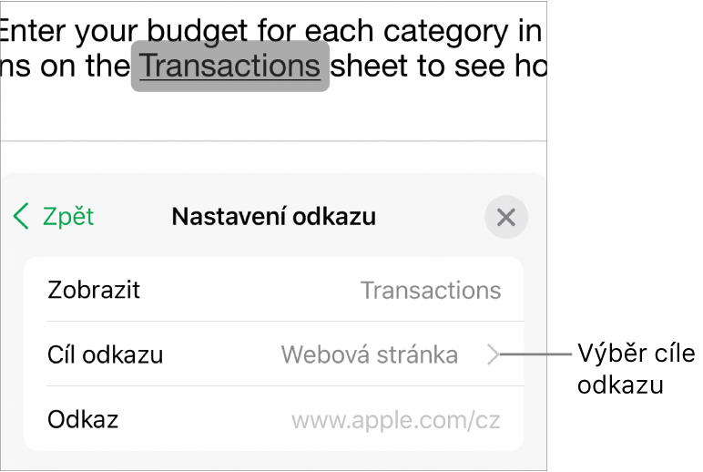 Ovládací prvky Nastavení odkazu s polem Zobrazit, Cíl odkazu (vybrána je Webová stránka) a Odkaz. Ve spodní části se nachází tlačítko Odstranit odkaz.