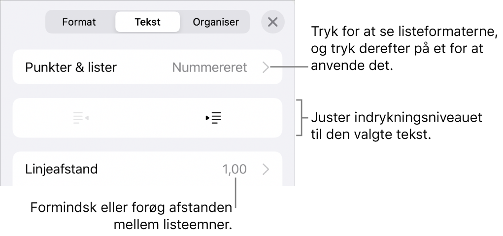 Området Punkter & lister under betjeningsmulighederne til format med billedforklaringer til Punkter & lister, knapperne Ryk ind og Ryk ud og betjeningsmulighederne til linjeafstand.