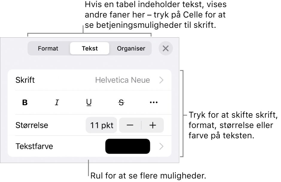 Betjeningsmuligheder til tekst på Formatmenuen til indstilling af afsnits- og tegnformater, skrift, skriftstørrelse og farve.