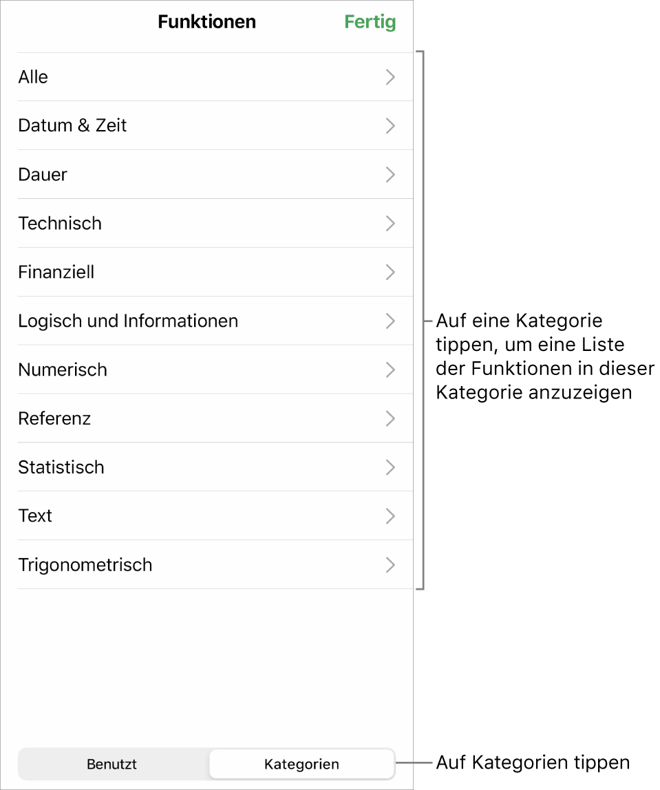 Die Funktionsübersicht mit Beschreibungen für die Taste „Kategorien“ und der Liste mit den Kategorien.