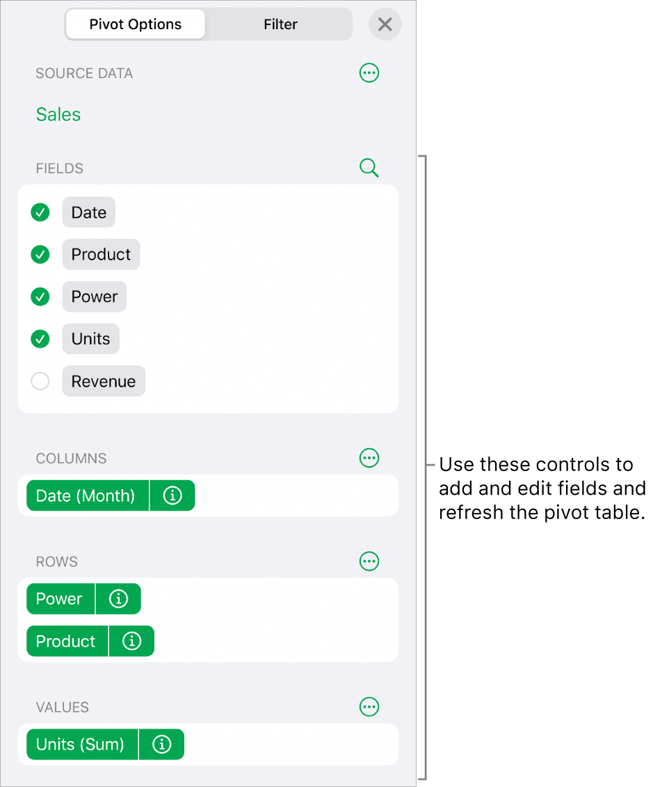 The Pivot Options menu showing fields in the Columns, Rows and Values sections, as well as controls to edit the fields.