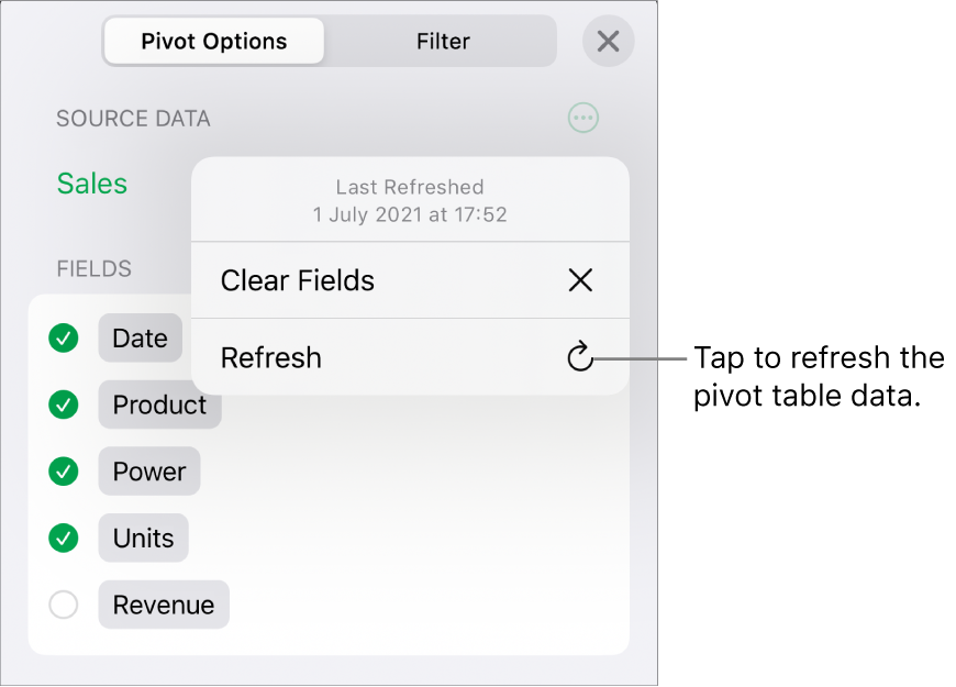 The Pivot Options tab showing the option to refresh the pivot table.