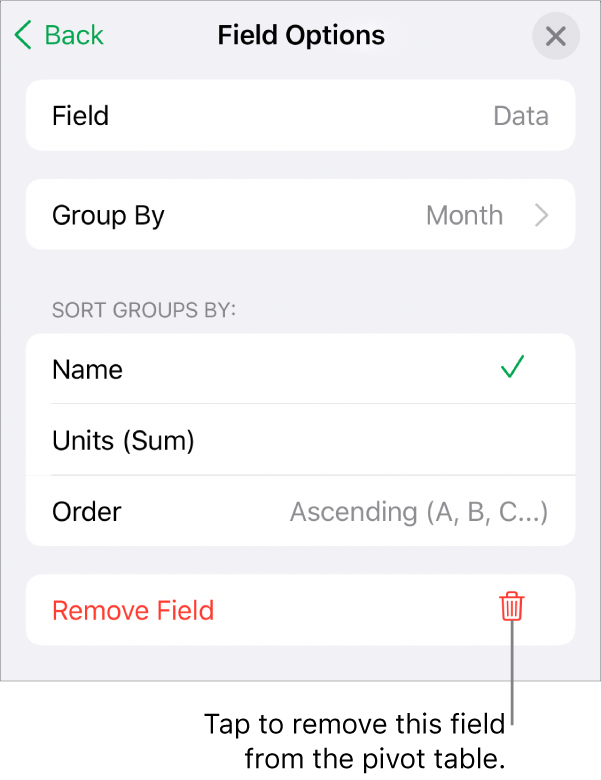 The Field Options menu, showing the controls for grouping and sorting data, as well as the option to remove a field.