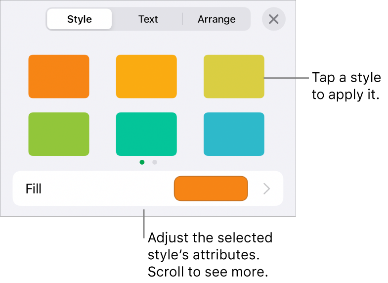 The Style tab of the Format menu with shape styles at the top and a fill color well below.