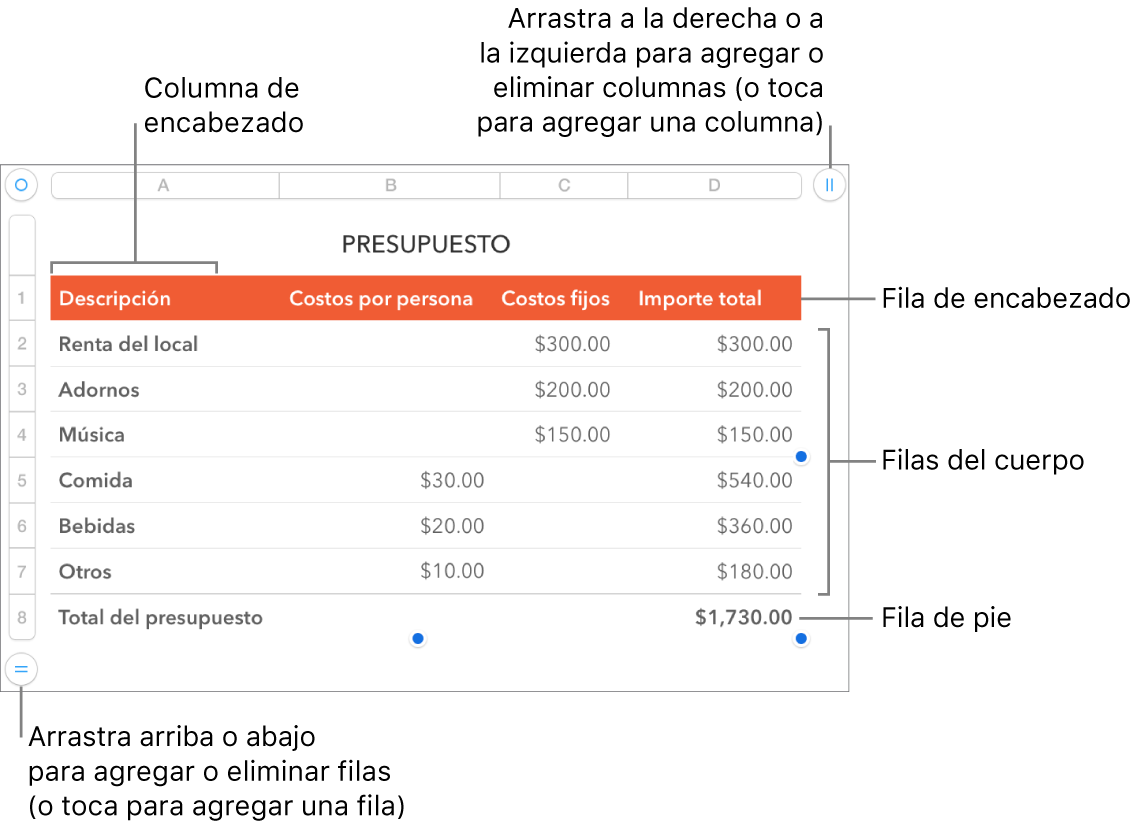 Tabla con filas y columnas de encabezado, cuerpo y pie de página, así como manijas para agregar o eliminar filas o columnas.