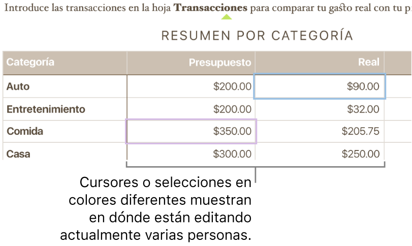 Los cursores o las selecciones en colores diferentes muestran dónde están editando otras personas.