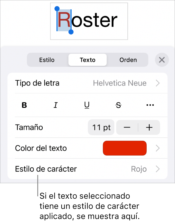 Los controles de formato de texto con “Estilo de carácter” debajo de los controles de color. El estilo de carácter Ninguno aparece con un asterisco.