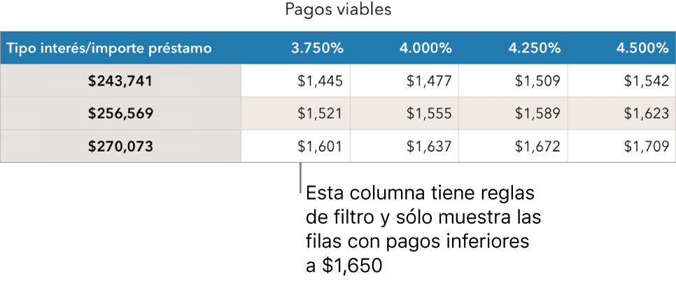 Tabla de una hipoteca después de aplicar un filtro para ver los tipos de interés asequibles.