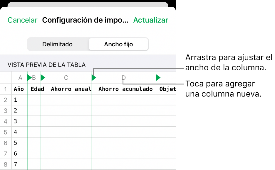 La configuración de importación de un archivo de texto de ancho fijo.