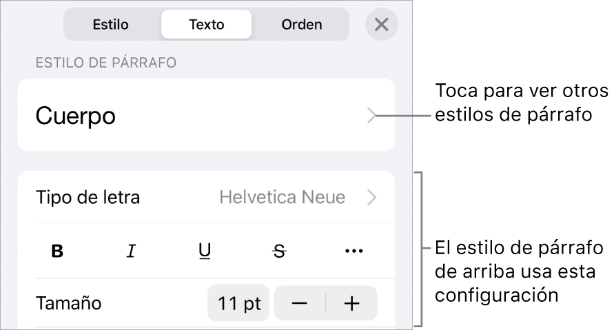 El menú Formato mostrando los controles de texto para configurar los estilos de párrafo y carácter, tipo de letra, tamaño y color.