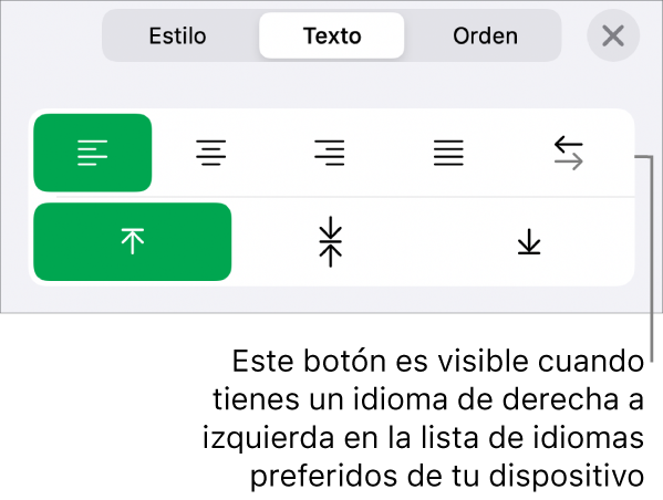 La sección Estilo del menú Formato con un mensaje en el botón “De derecha a izquierda”.