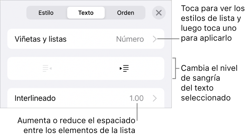 La sección “Viñetas y listas” de los controles de formato con texto que señala la sección “Viñetas y listas”, los botones de las sangría derecha o izquierda y controles de interlineado.