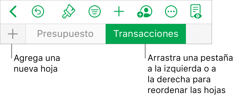 La barra de pestañas para agregar una nueva hoja, navegar por las hojas, reordenarlas y reorganizarlas.