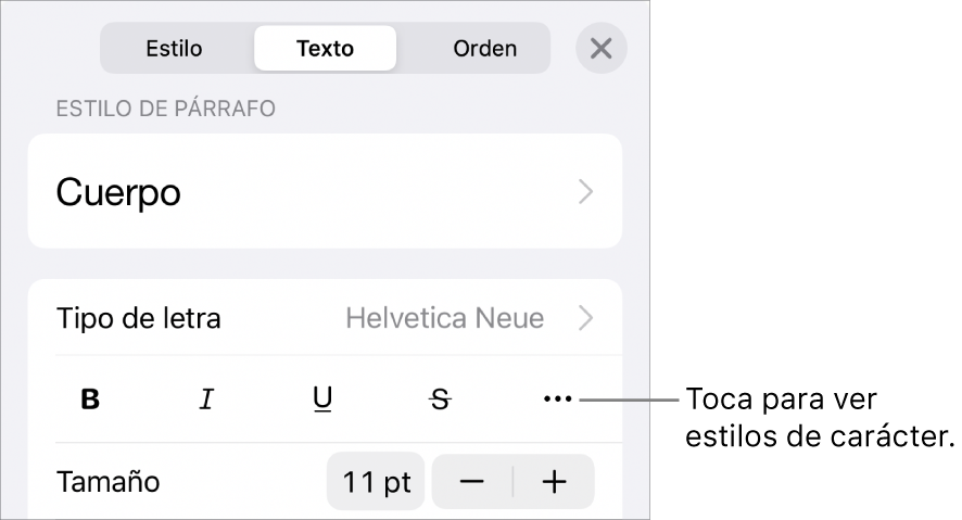 Los controles de formato con los estilos de párrafo en la parte superior, seguidos de los controles para “Tipo de letra”. Debajo de “Tipo de letra” aparecen los botones Negrita, Cursiva, Subrayado, Tachado y “Más opciones de texto”.