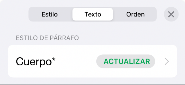 Un estilo de párrafo con un asterisco junto a él y un botón Actualizar a la derecha.