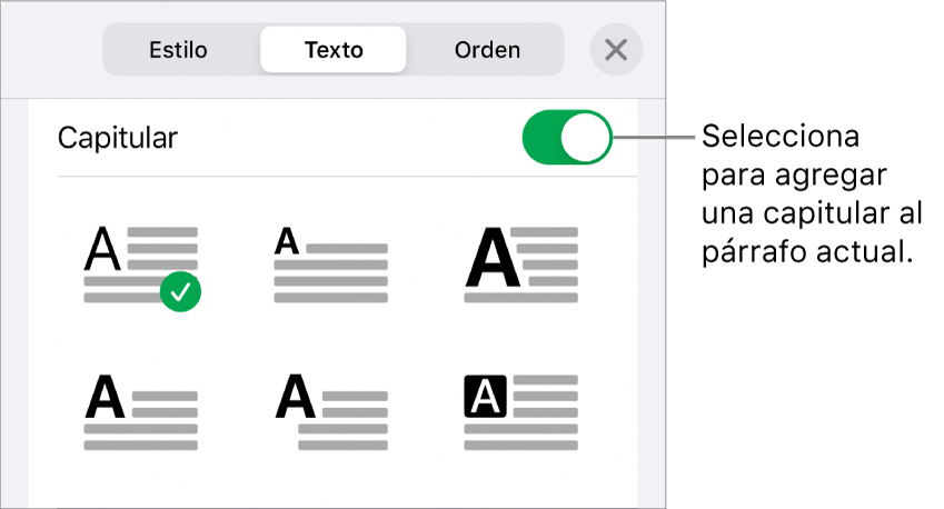 Controles “Letra capitular” ubicados al final del menú Texto.
