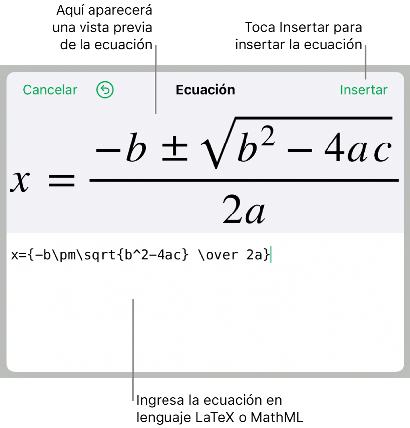 La fórmula cuadrática escrita con LaTeX en el campo de ecuación y la previsualización de la fórmula a continuación.