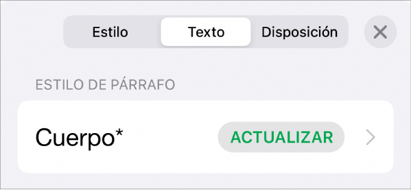 Un estilo de párrafo con un asterisco junto a él y un botón Actualizar a la derecha.
