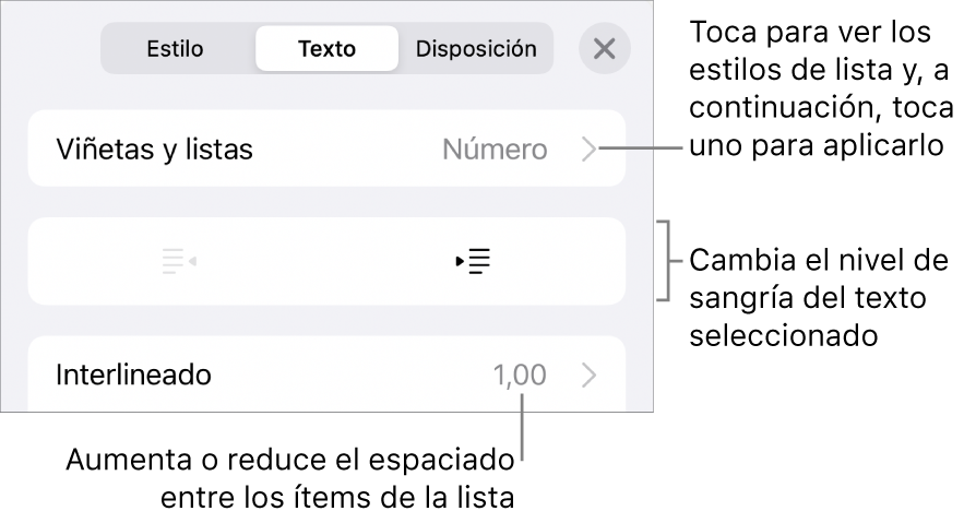 La sección “Viñetas/listas” de los controles de formato con llamadas a “Viñetas/listas”, los botones de sangría o de sangría izquierda, y los controles de interlineado.