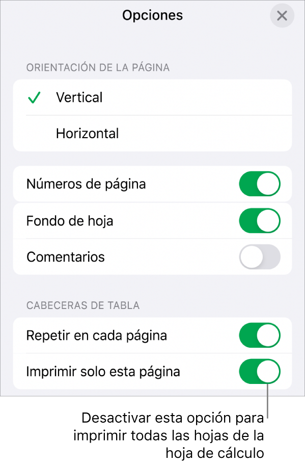 Opciones de impresión para seleccionar la orientación de la página, mostrar el número de páginas y las cabeceras, así como para seleccionar el tamaño del papel y qué páginas imprimir.