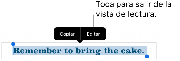 Hay seleccionada una oración y encima de ella aparece un menú contextual con botones Copiar y Editar.