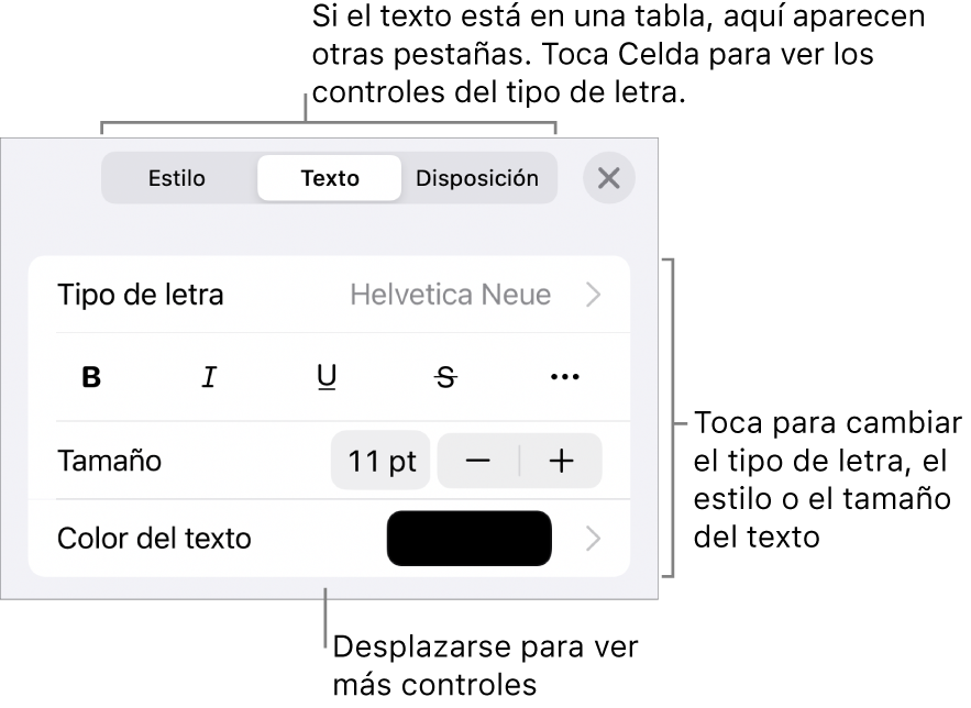 Controles de texto en el menú Formato para configurar los estilos de párrafo y carácter, tipo de letra, tamaño y color.