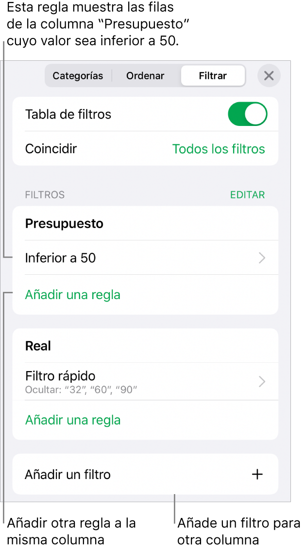 Controles para añadir reglas de filtro nuevas o editar las existentes.