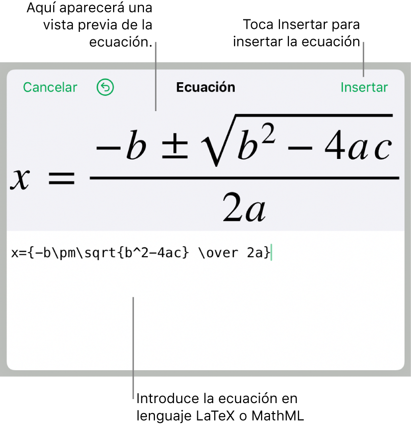 La fórmula cuadrática escrita con LaTeX en el campo de ecuación y la previsualización de la fórmula a continuación.