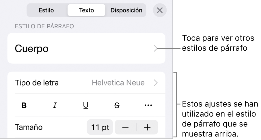 El menú Formato, que muestra controles de texto para configurar los estilos de párrafo y carácter, tipo de letra, tamaño y color.