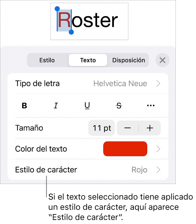 Los controles de formato de texto con “Estilos de carácter” debajo de los controles de color. El estilo de carácter Ninguno aparece con un asterisco.