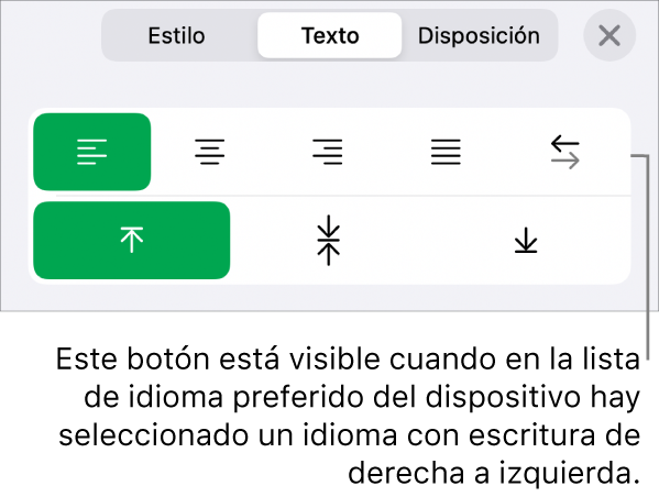La sección Estilo del menú Formato con una llamada al botón “De derecha a izquierda”.