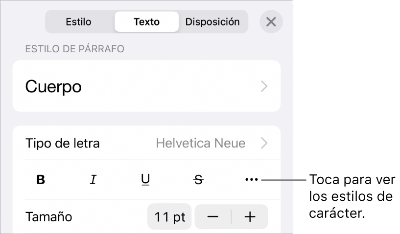 Los controles de Formato con los estilos de párrafo en la parte superior y, después, los controles de “Tipo de letra”. Debajo de “Tipo de letra” están los botones Negrita, Cursiva, Tachado y “Más opciones de texto”
