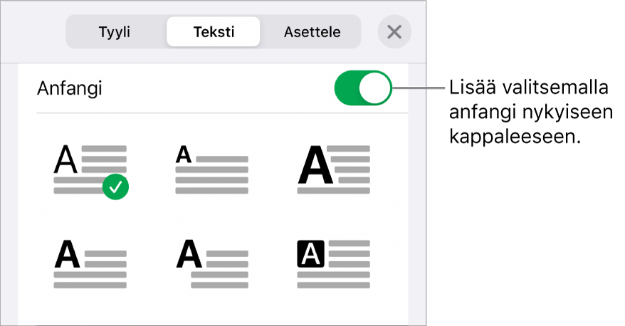 Anfangi-säätimet ovat Teksti-valikon alareunassa.