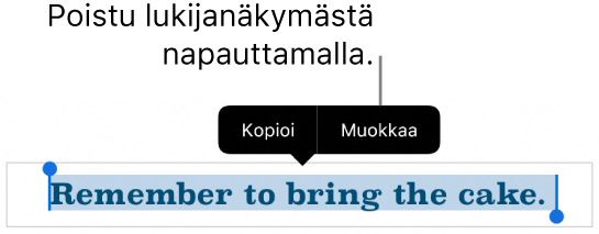 Lause on valittuna ja sen yläpuolella on kontekstikohtainen valikko, jossa on Kopioi- ja Muokkaa-painikkeet.