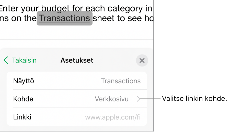 Linkkiasetukset-säätimet, jossa on Näytä-, Linkitys- (asetettuna Verkkosivu) ja Linkki-kenttä. Poista linkki -painike on alaosassa.