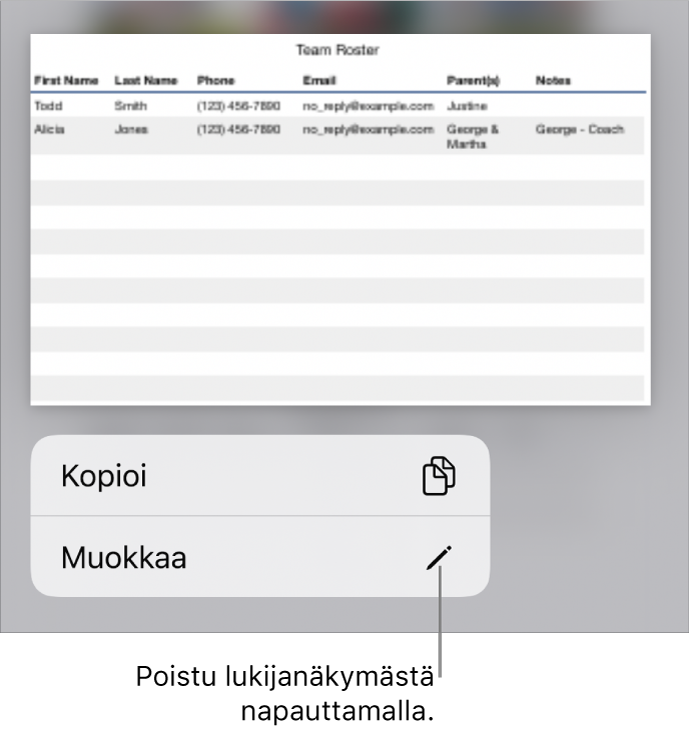 Taulukko on valittuna ja sen alapuolella on valikko, jossa on Kopioi- ja Muokkaa-painikkeet.