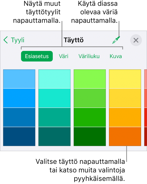 Muoto-painikkeen Tyyli-välilehden täyttövalintoja.