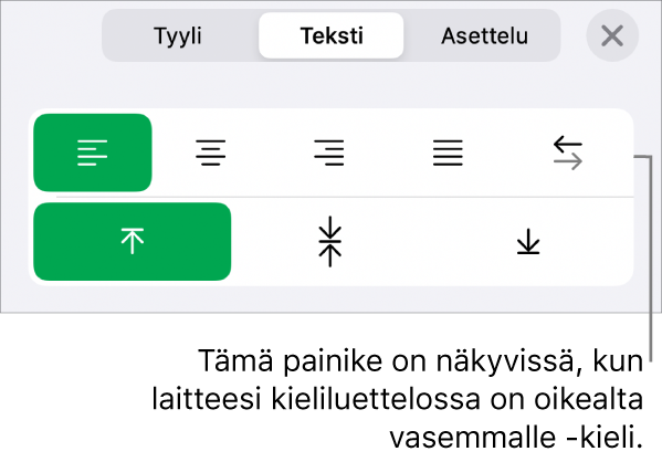 Muoto-painikkeen Tyyli-valikko ja Oikealta vasemmalle -painikkeen selite.