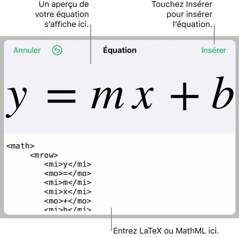 Code MathML de l’équation de la pente d’une droite et aperçu de la formule en haut.