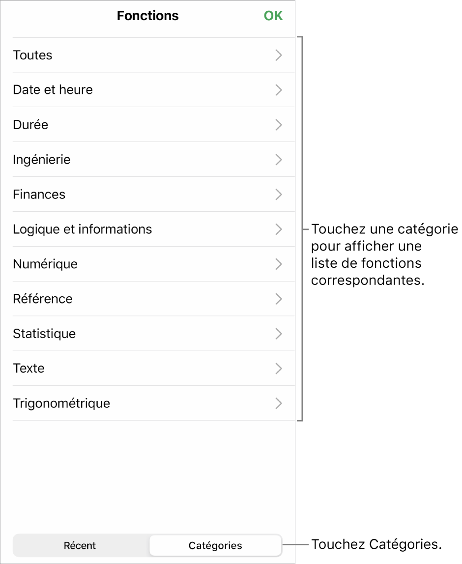 Navigateur de fonctions avec une légende pour le bouton Catégories et la liste des catégories.