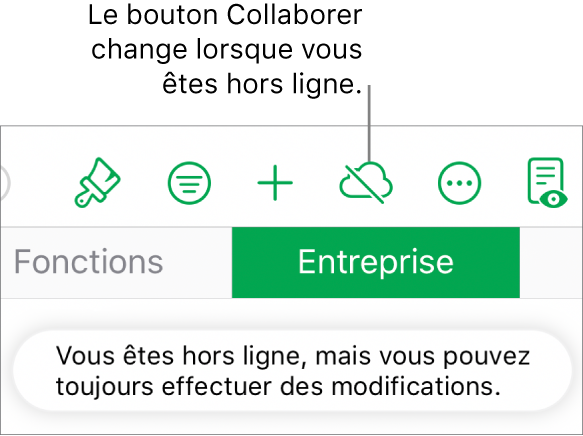 Les boutons en haut de l’écran, avec le bouton Collaborer remplacé par un nuage barré d’une ligne diagonale. Une alerte à l’écran indique « Vous êtes hors ligne, mais vous pouvez toujours effectuer des modifications ».