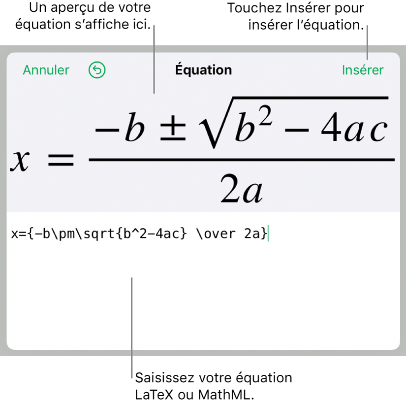 Formule quadratique composée à l’aide du langage LaTeX dans le champ Équation et aperçu de la formule en bas.