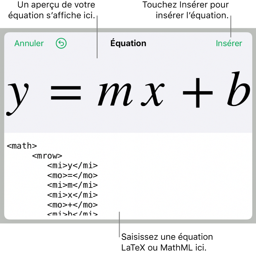 Code MathML de l’équation de la pente d’une droite et aperçu de la formule en haut.