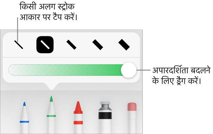 अपारदर्शिता को ऐडजस्ट करने के लिए स्ट्रोक आकार और स्लाइडर चुनने हेतु नियंत्रण।